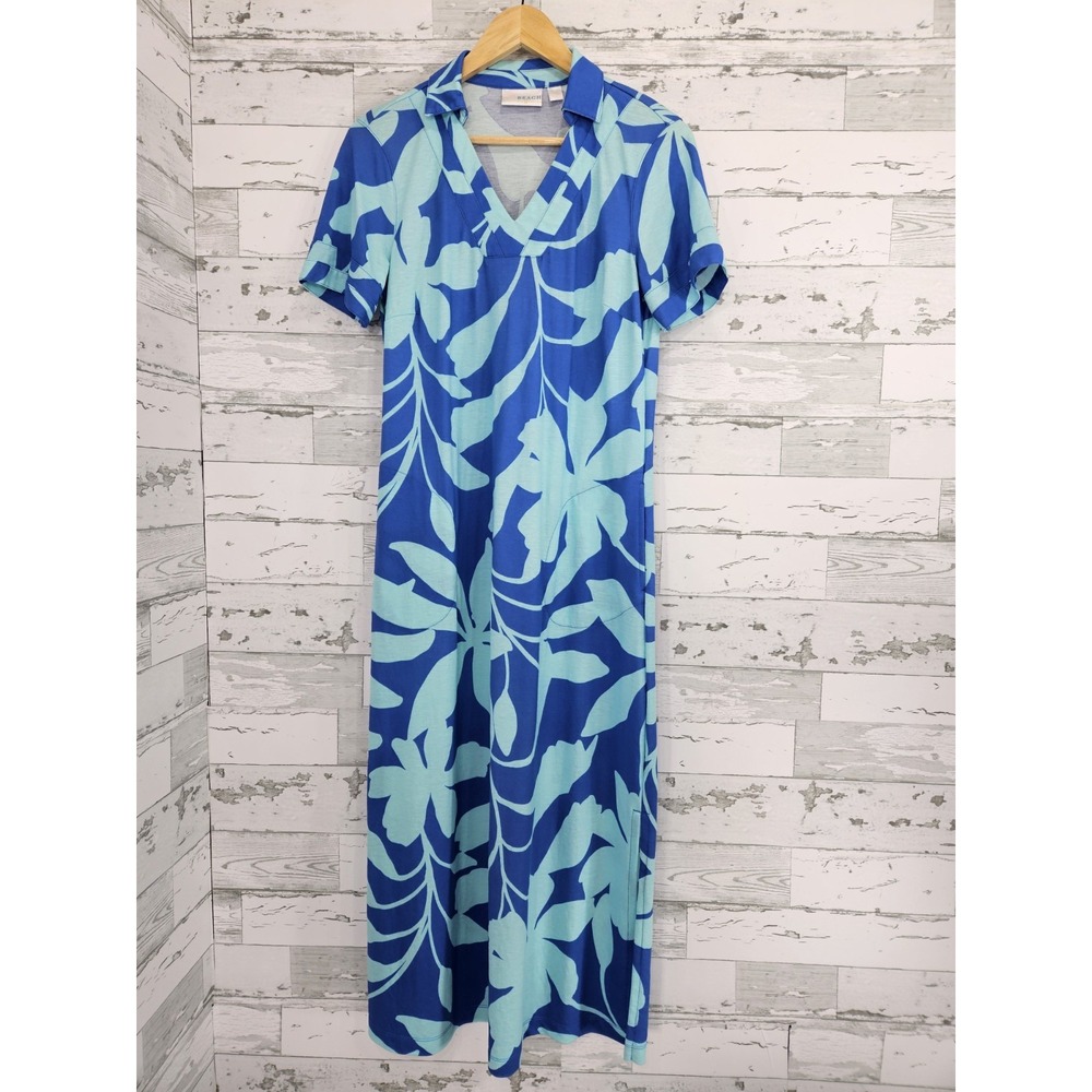 Belle Beach Kim Gravel Maxi Dress XS Blue Tropical Leaf V-Neck Pockets